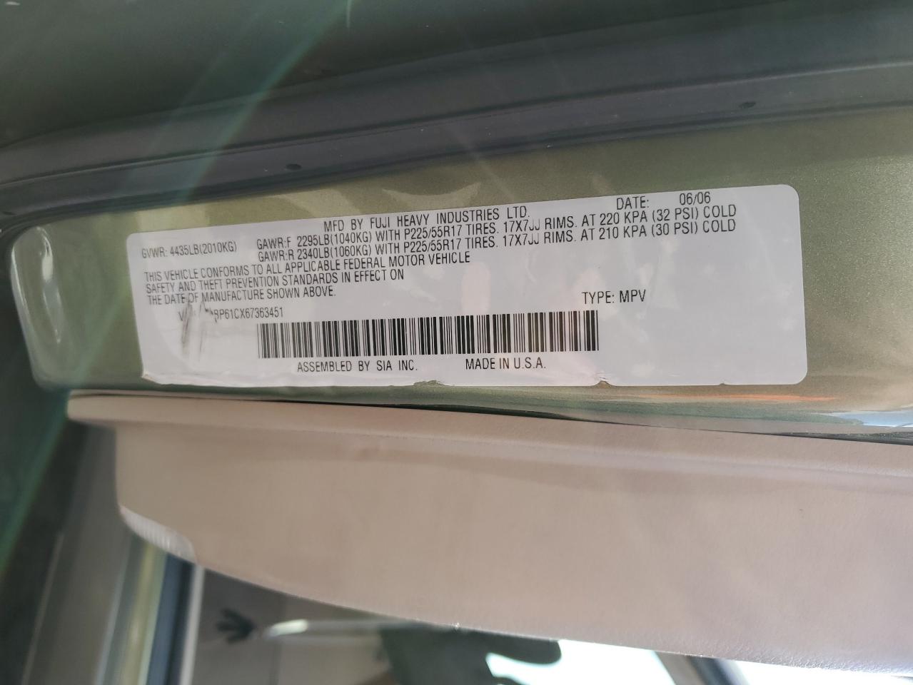 2006 Subaru Legacy Outback 2.5I VIN: 4S4BP61CX67363451 Lot: 66885184