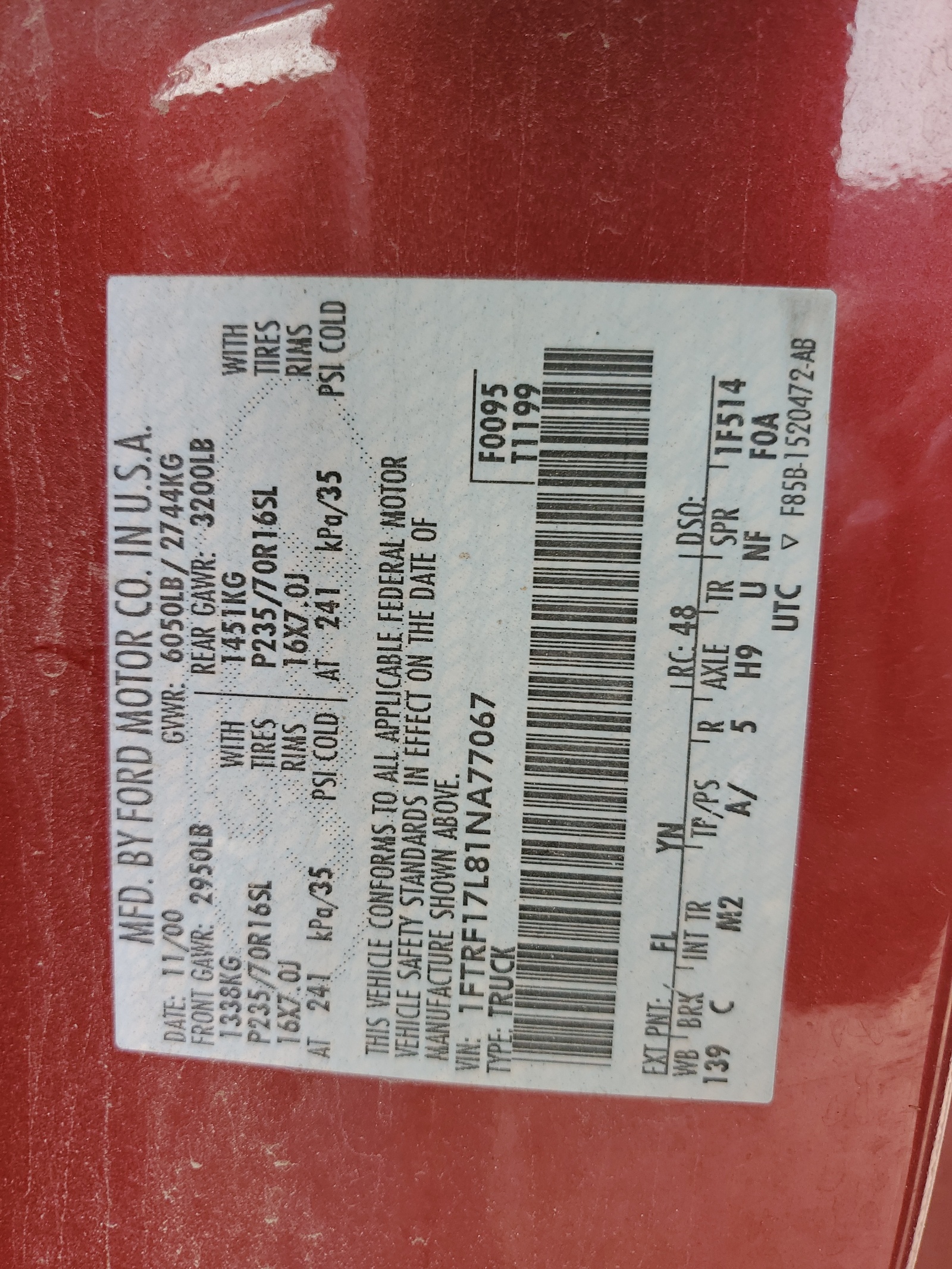 1FTRF17L81NA77067 2001 Ford F150