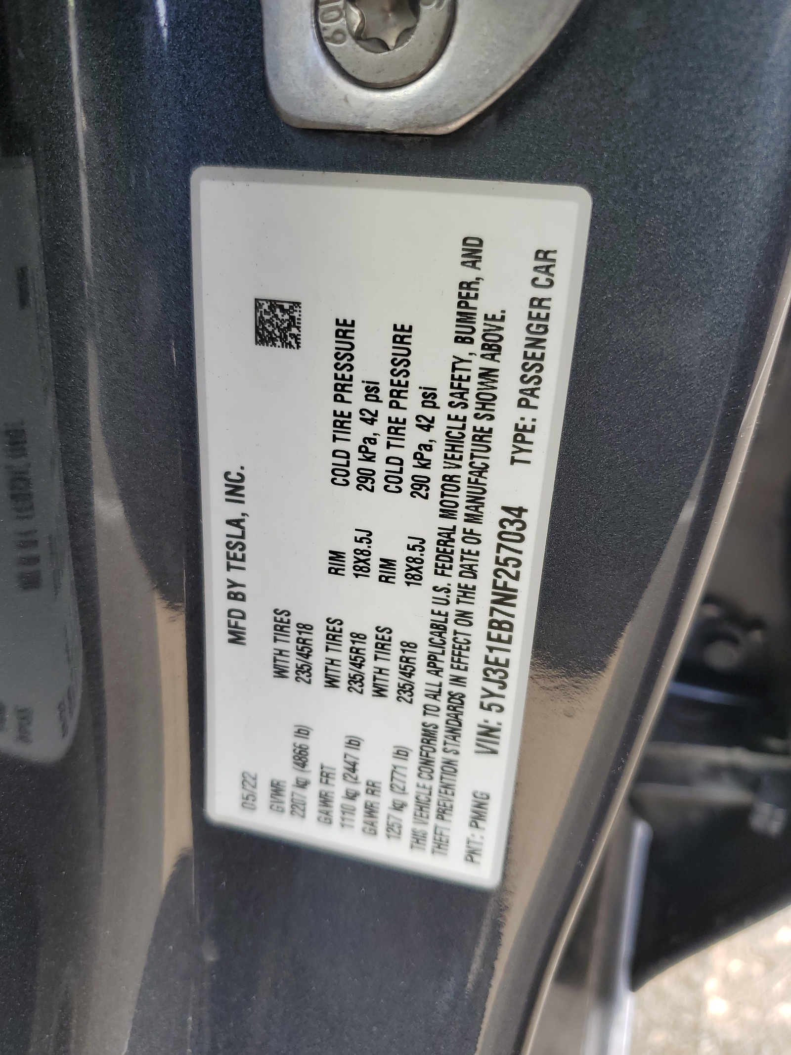 5YJ3E1EB7NF257034 2022 Tesla Model 3