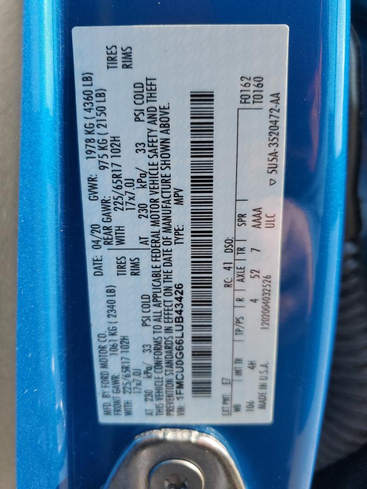 2020 Ford Escape Se VIN: 1FMCU0G66LUB43426 Lot: 67290494