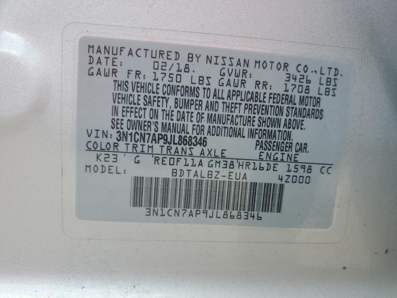 3N1CN7AP9JL868346 2018 Nissan Versa S