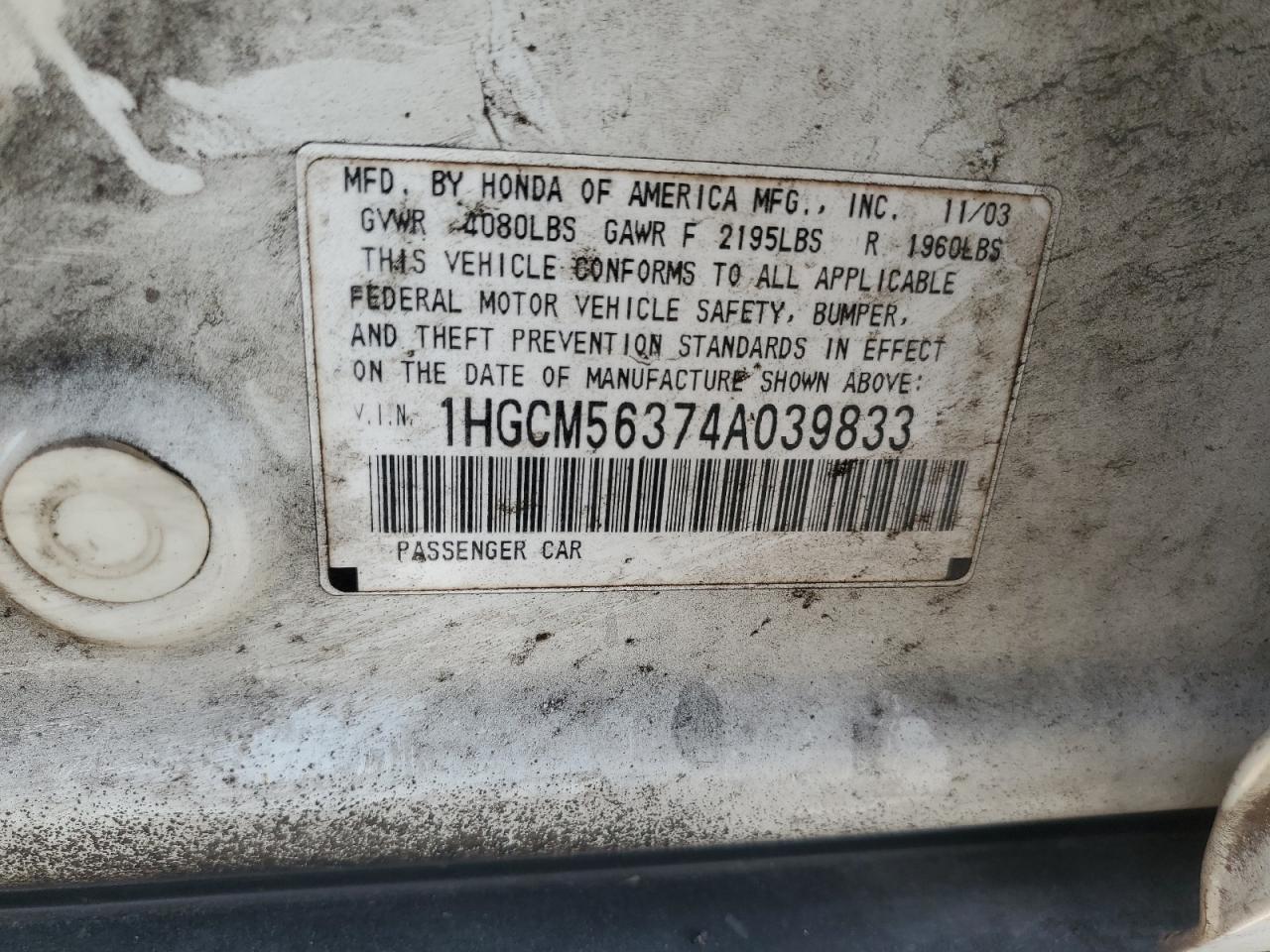 1HGCM56374A039833 2004 Honda Accord Lx