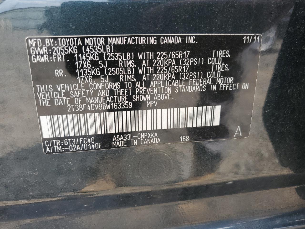 2011 Toyota Rav4 VIN: 2T3BF4DV9BW163359 Lot: 65117154