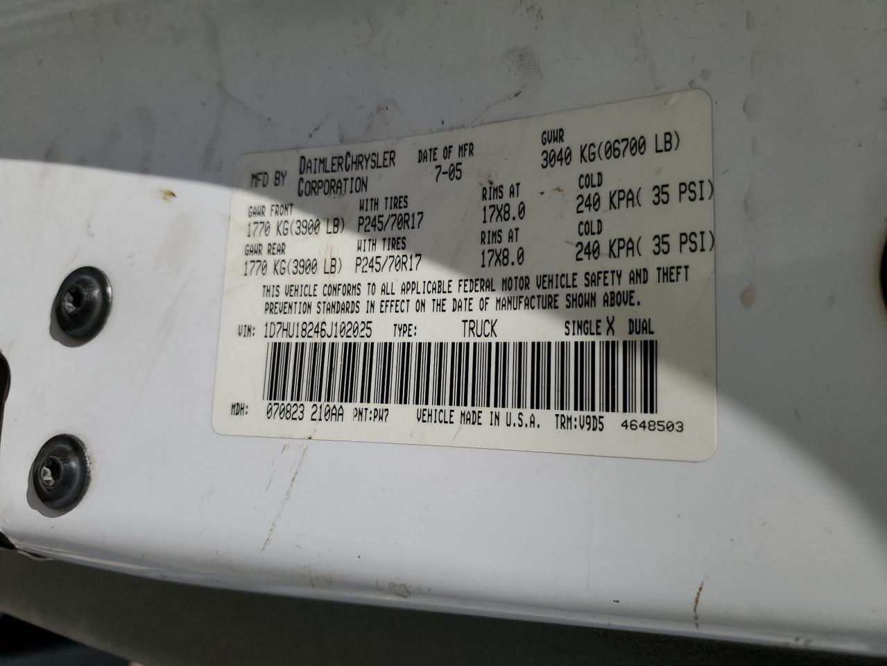 2006 Dodge Ram 1500 St VIN: 1D7HU18246J102025 Lot: 67863674