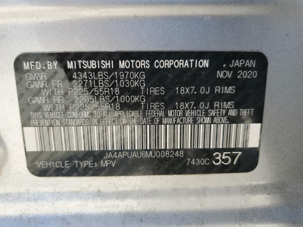 2021 Mitsubishi Outlander Sport Es VIN: JA4APUAU6MU008248 Lot: 65869514