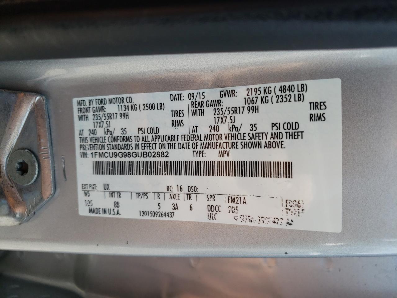 2016 Ford Escape Se VIN: 1FMCU9G98GUB02882 Lot: 68633444