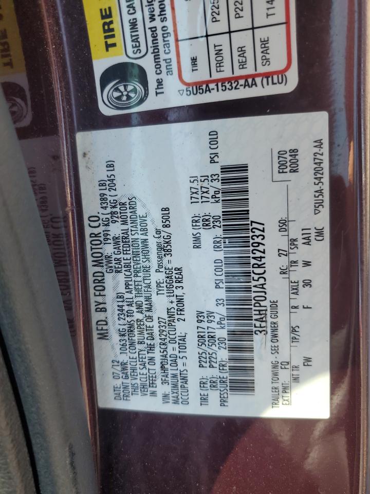 2012 Ford Fusion Sel VIN: 3FAHP0JA5CR429327 Lot: 65655664