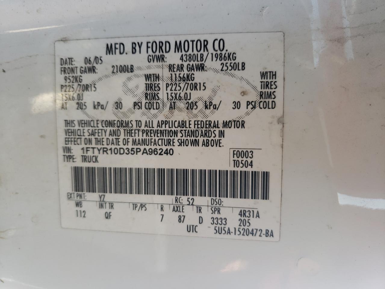 2005 Ford Ranger VIN: 1FTYR10D35PA96240 Lot: 65351994