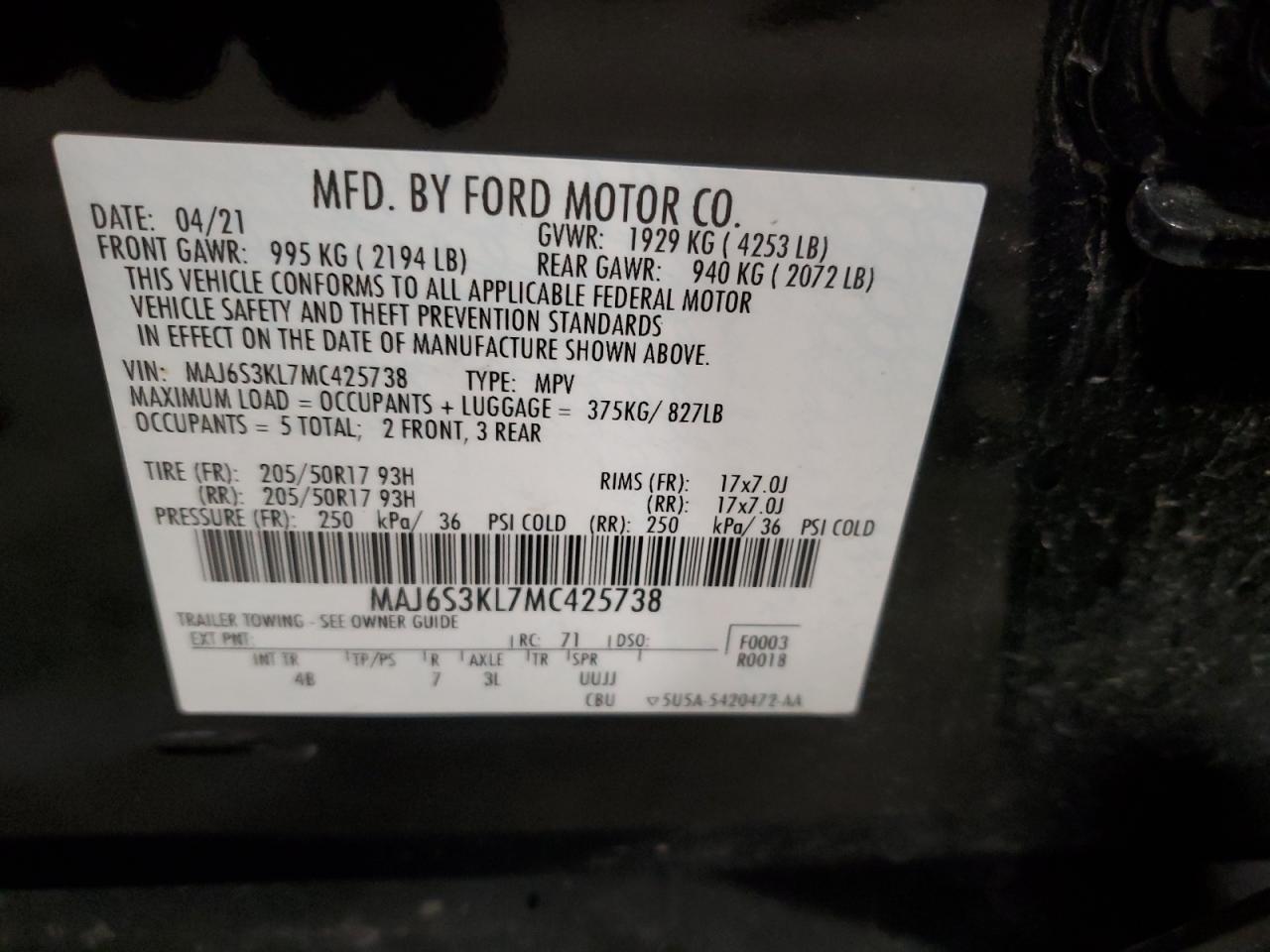 2021 Ford Ecosport Titanium VIN: MAJ6S3KL7MC425738 Lot: 65103844