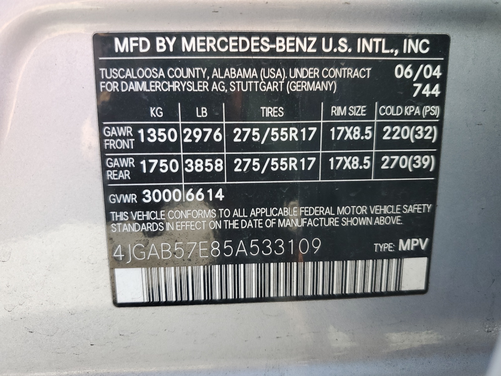 4JGAB57E85A533109 2005 Mercedes-Benz Ml 350