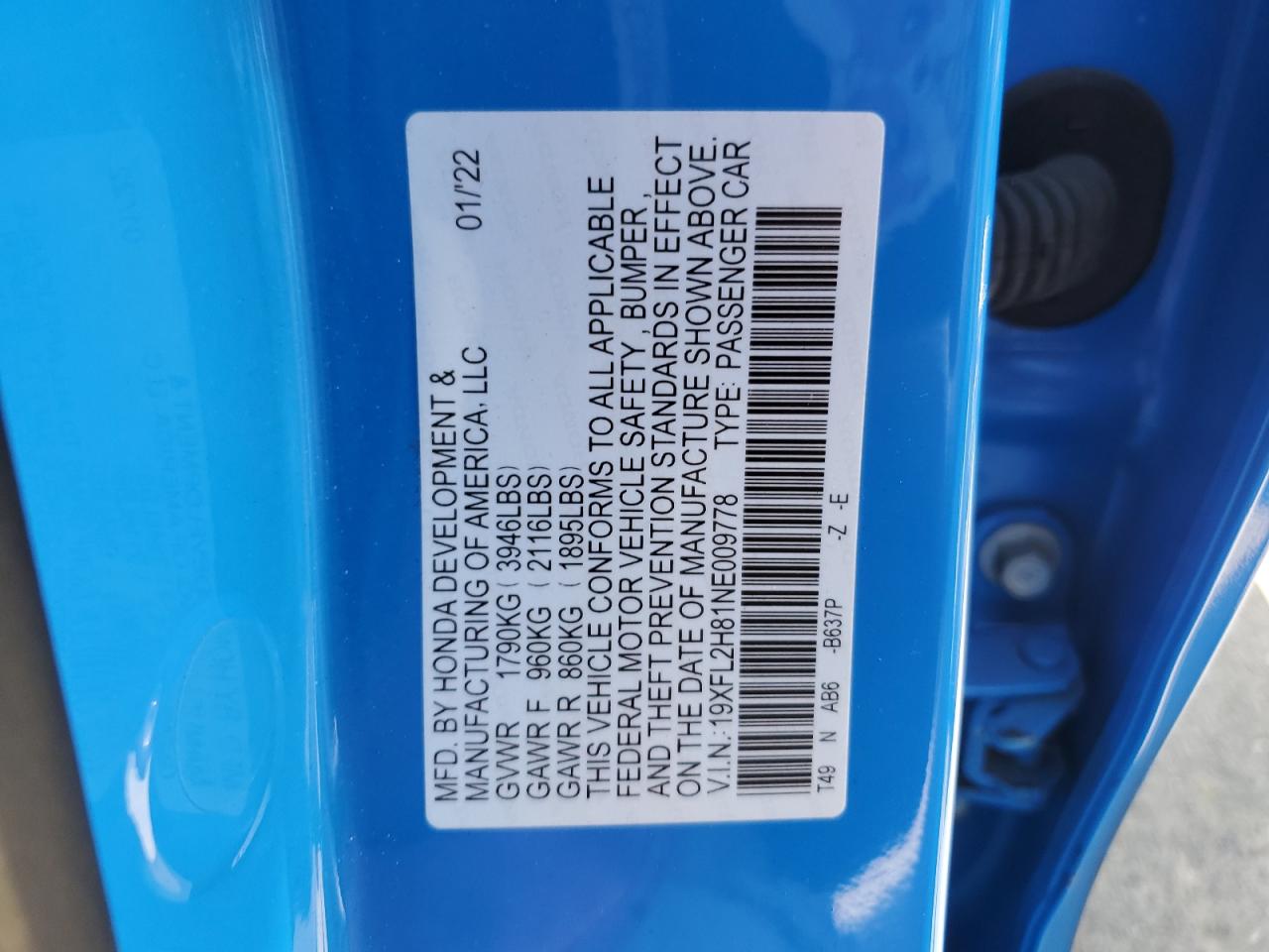19XFL2H81NE009778 2022 Honda Civic Sport 19XFL2H81NE009778 2022 Honda Civic Sport