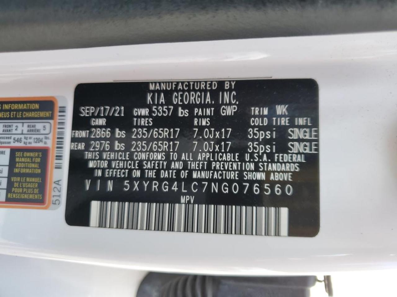 2022 Kia Sorento Lx VIN: 5XYRG4LC7NG076560 Lot: 67984504