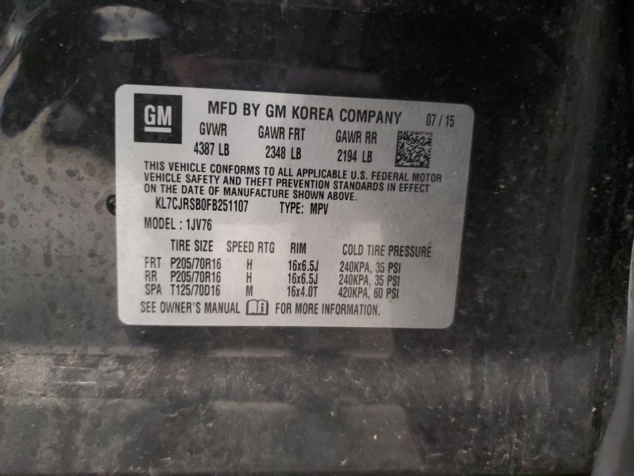 2015 Chevrolet Trax 1Lt VIN: KL7CJRSB0FB251107 Lot: 65397234