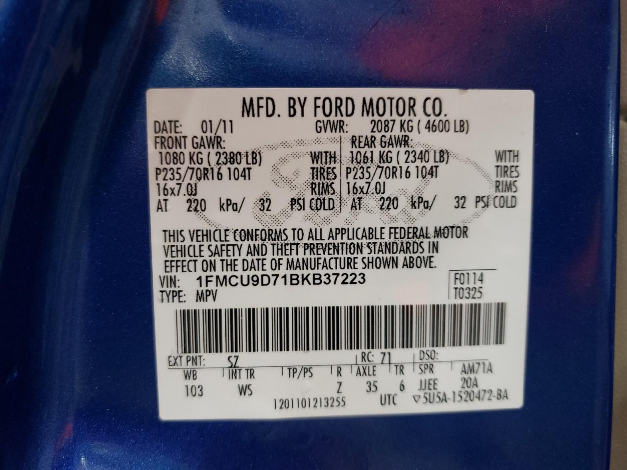 2011 Ford Escape Xlt VIN: 1FMCU9D71BKB37223 Lot: 66174374