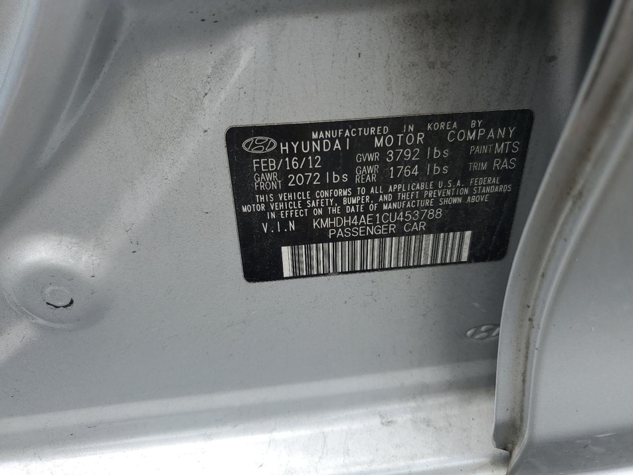 2012 Hyundai Elantra Gls VIN: KMHDH4AE1CU453788 Lot: 65267224