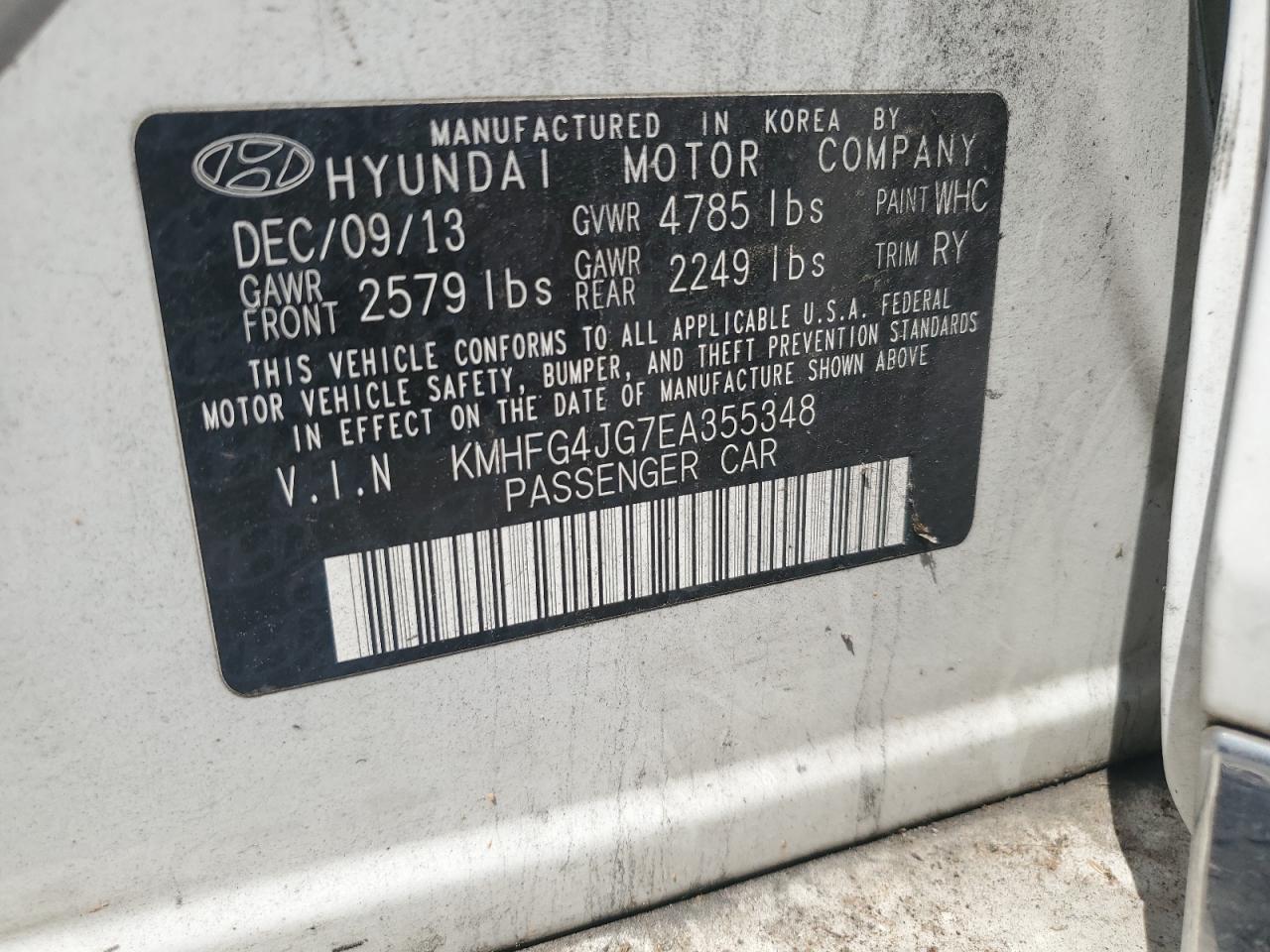 2014 Hyundai Azera VIN: KMHFG4JG7EA355348 Lot: 68931814