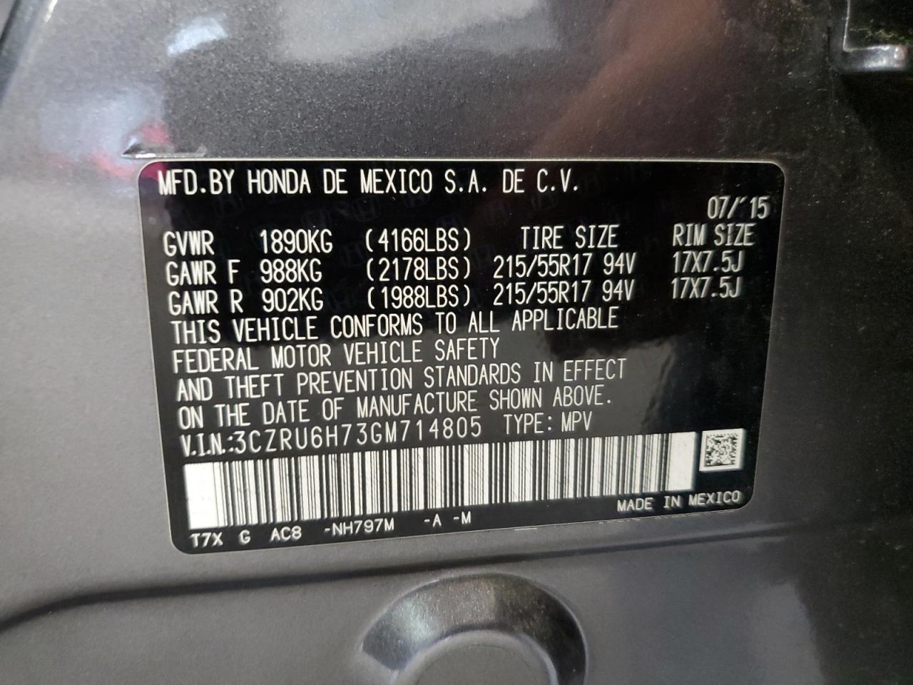 2016 Honda Hr-V Exl VIN: 3CZRU6H73GM714805 Lot: 65671904