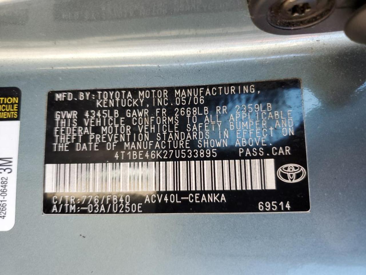 4T1BE46K27U533895 2007 Toyota Camry Ce