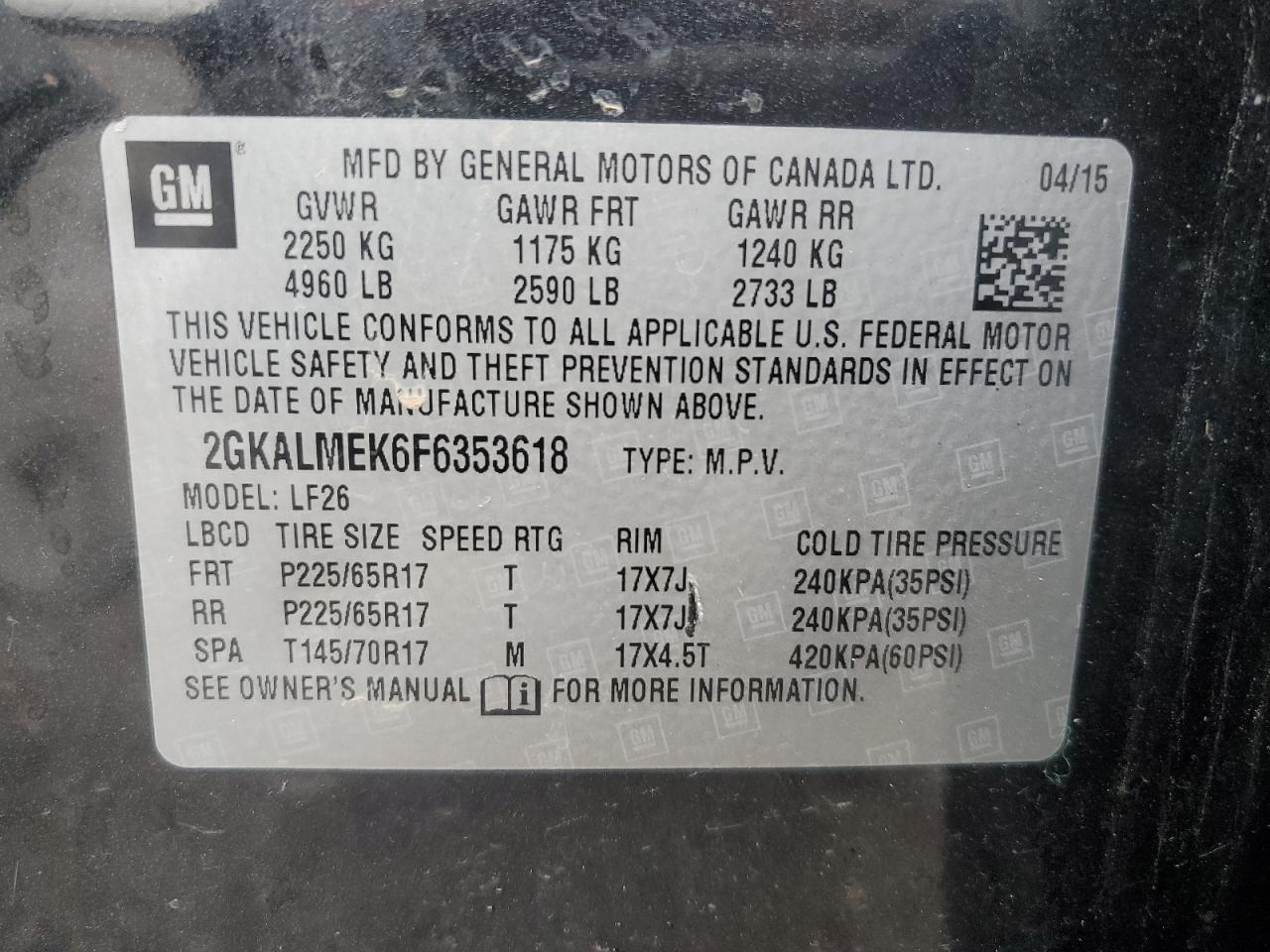 2015 GMC Terrain Sle VIN: 2GKALMEK6F6353618 Lot: 66430634