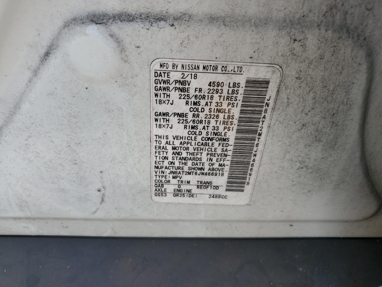 2018 Nissan Rogue S VIN: JN8AT2MT6JW466918 Lot: 65685794