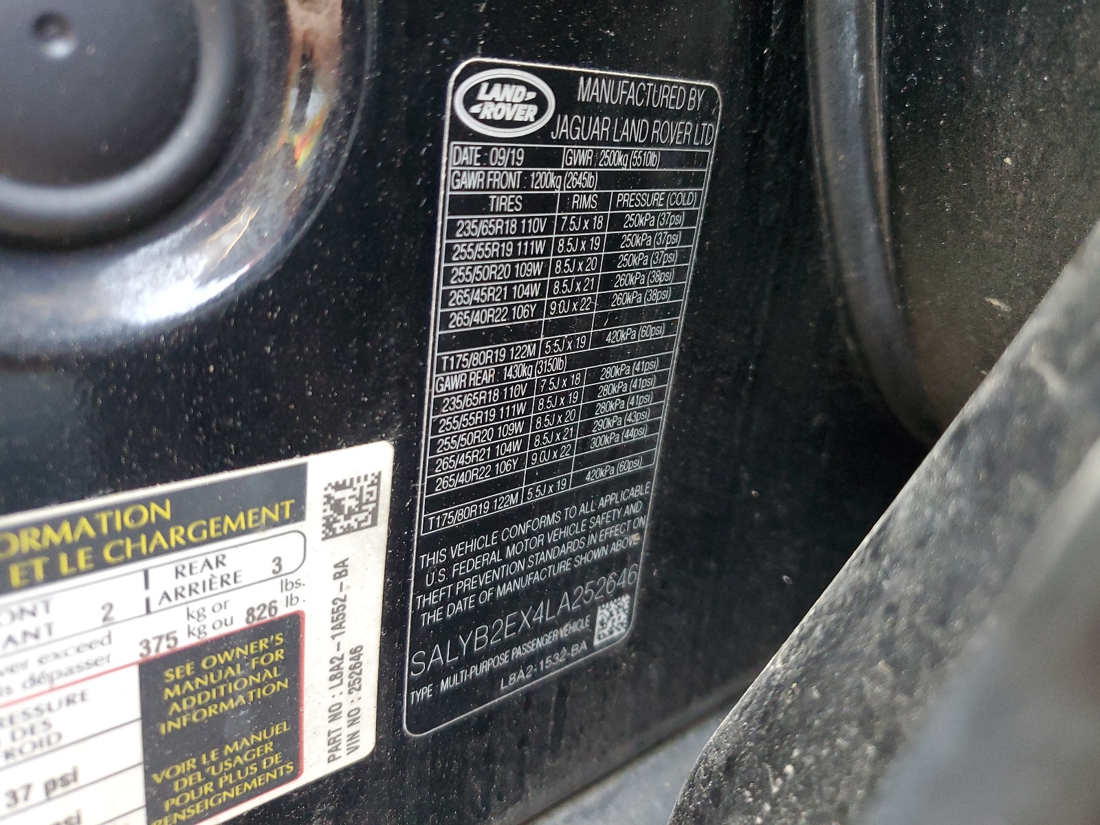 SALYB2EX4LA252646 2020 Land Rover Range Rover Velar S