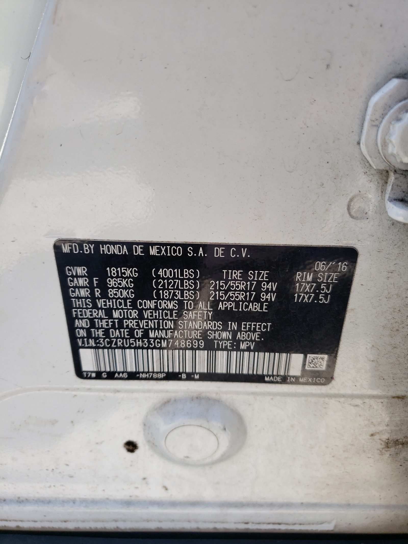 3CZRU5H33GM748699 2016 Honda Hr-V Lx