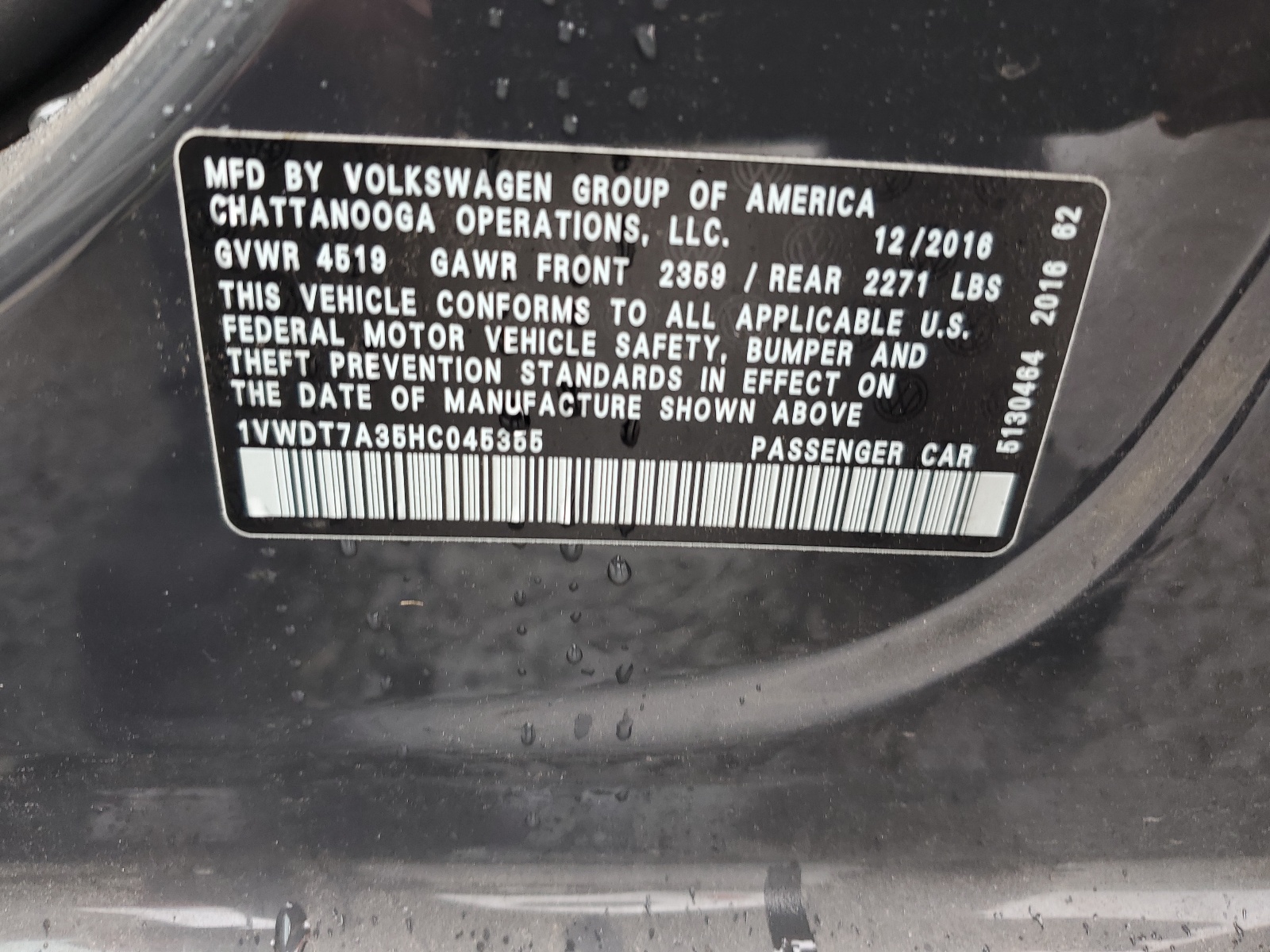 1VWDT7A35HC045355 2017 Volkswagen Passat R-Line