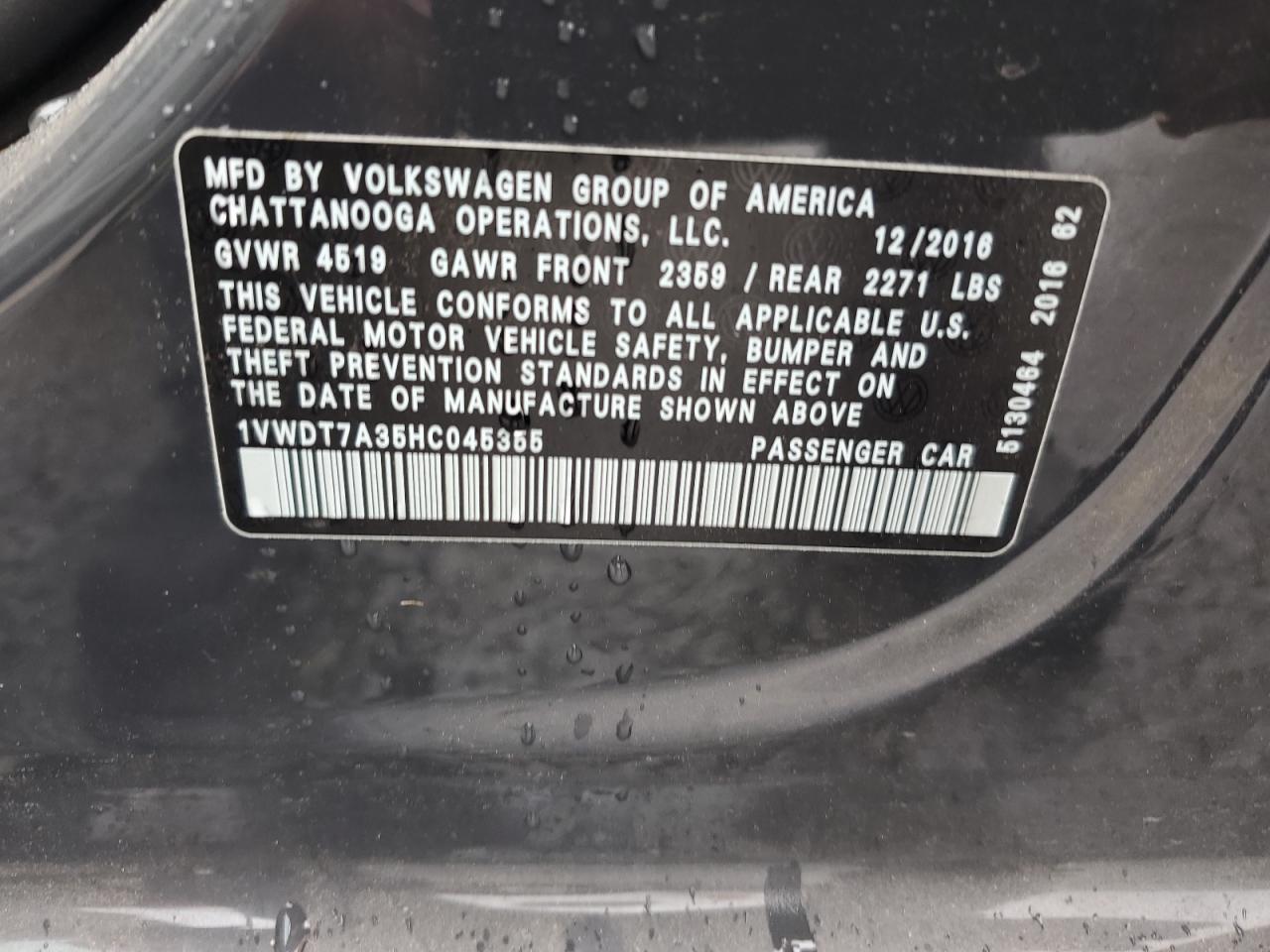 2017 Volkswagen Passat R-Line VIN: 1VWDT7A35HC045355 Lot: 66735124