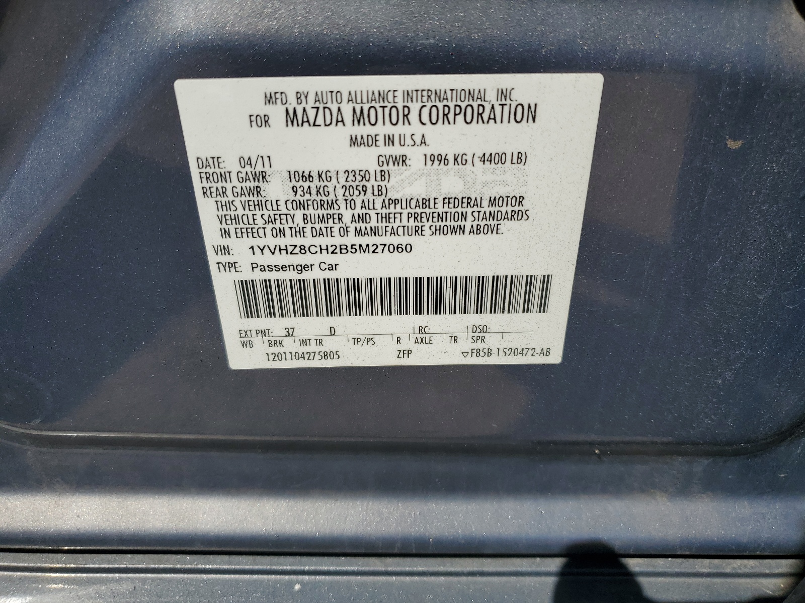 1YVHZ8CH2B5M27060 2011 Mazda 6 I