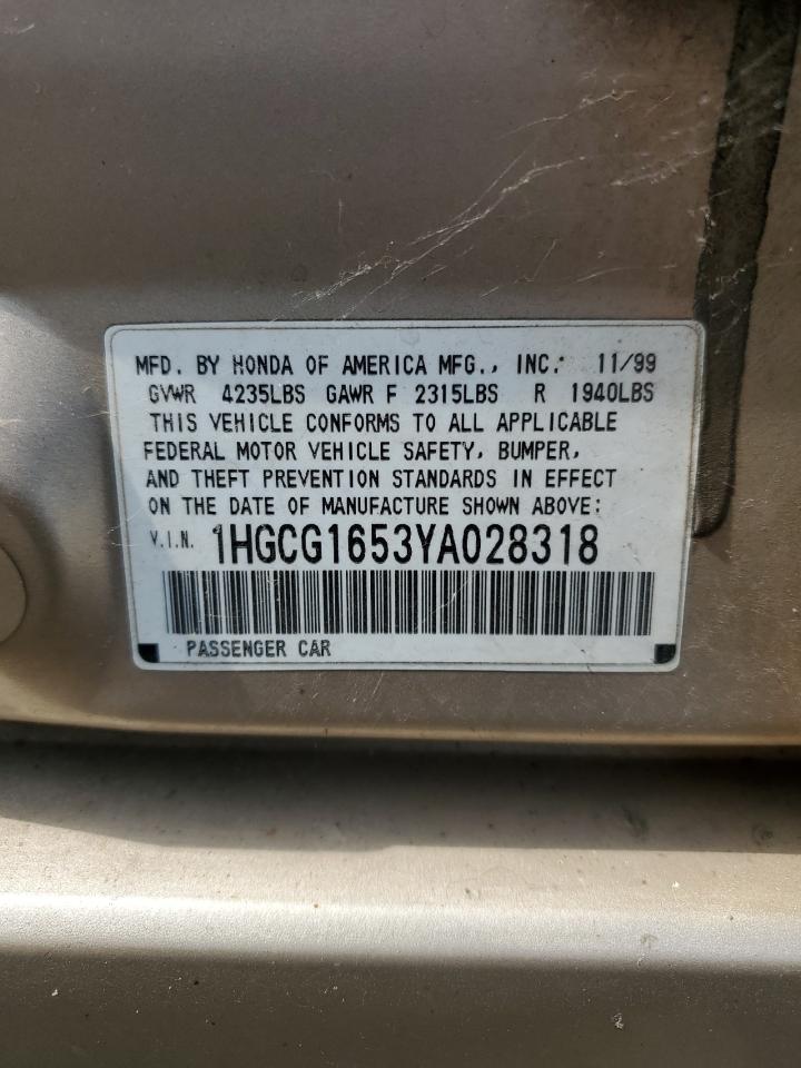 2000 Honda Accord Ex VIN: 1HGCG1653YA028318 Lot: 68681804