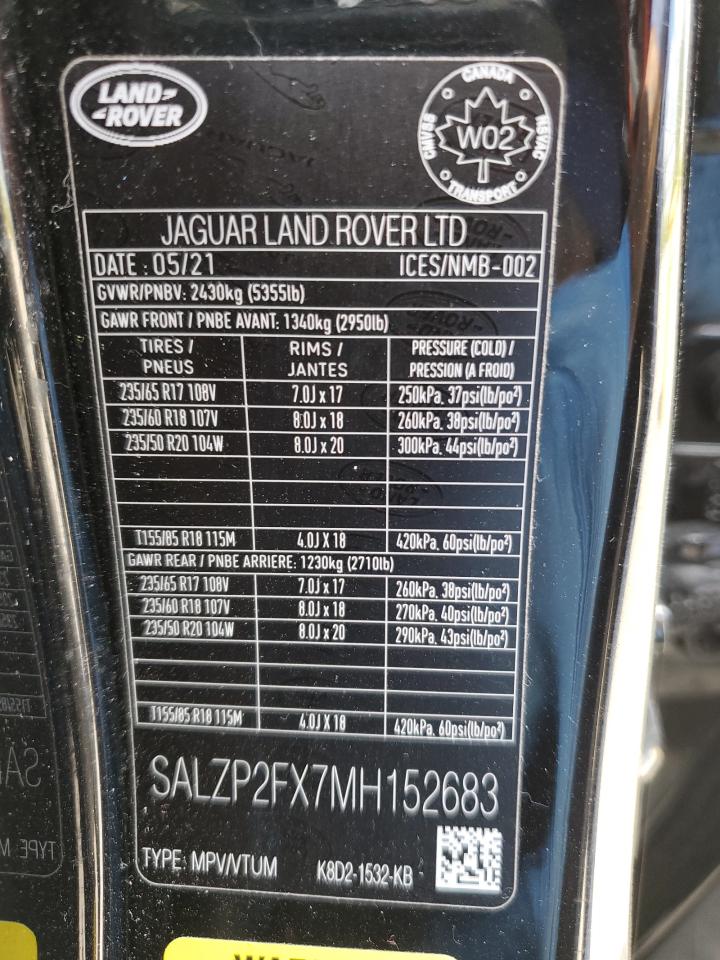 SALZP2FX7MH152683 2021 Land Rover Range Rover Evoque Se