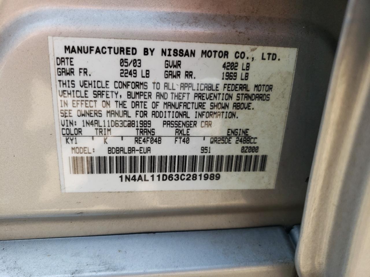 2003 Nissan Altima Base VIN: 1N4AL11D63C281989 Lot: 65759684