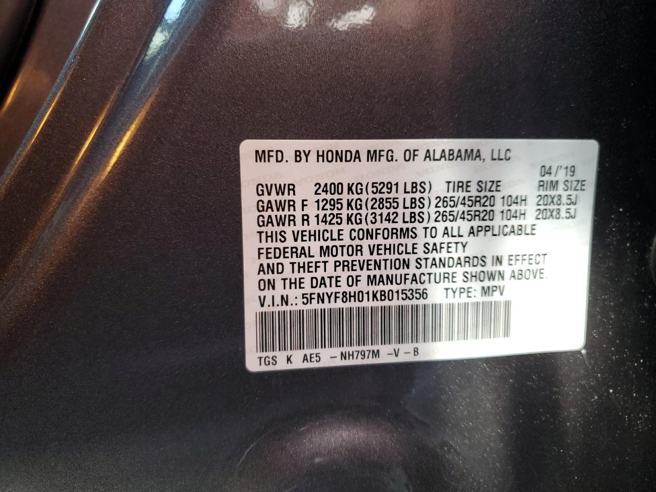 2019 Honda Passport Elite VIN: 5FNYF8H01KB015356 Lot: 65678624