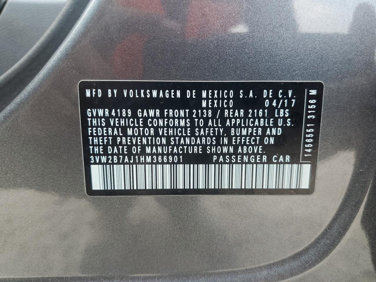 2017 Volkswagen Jetta S VIN: 3VW2B7AJ1HM366901 Lot: 68502884