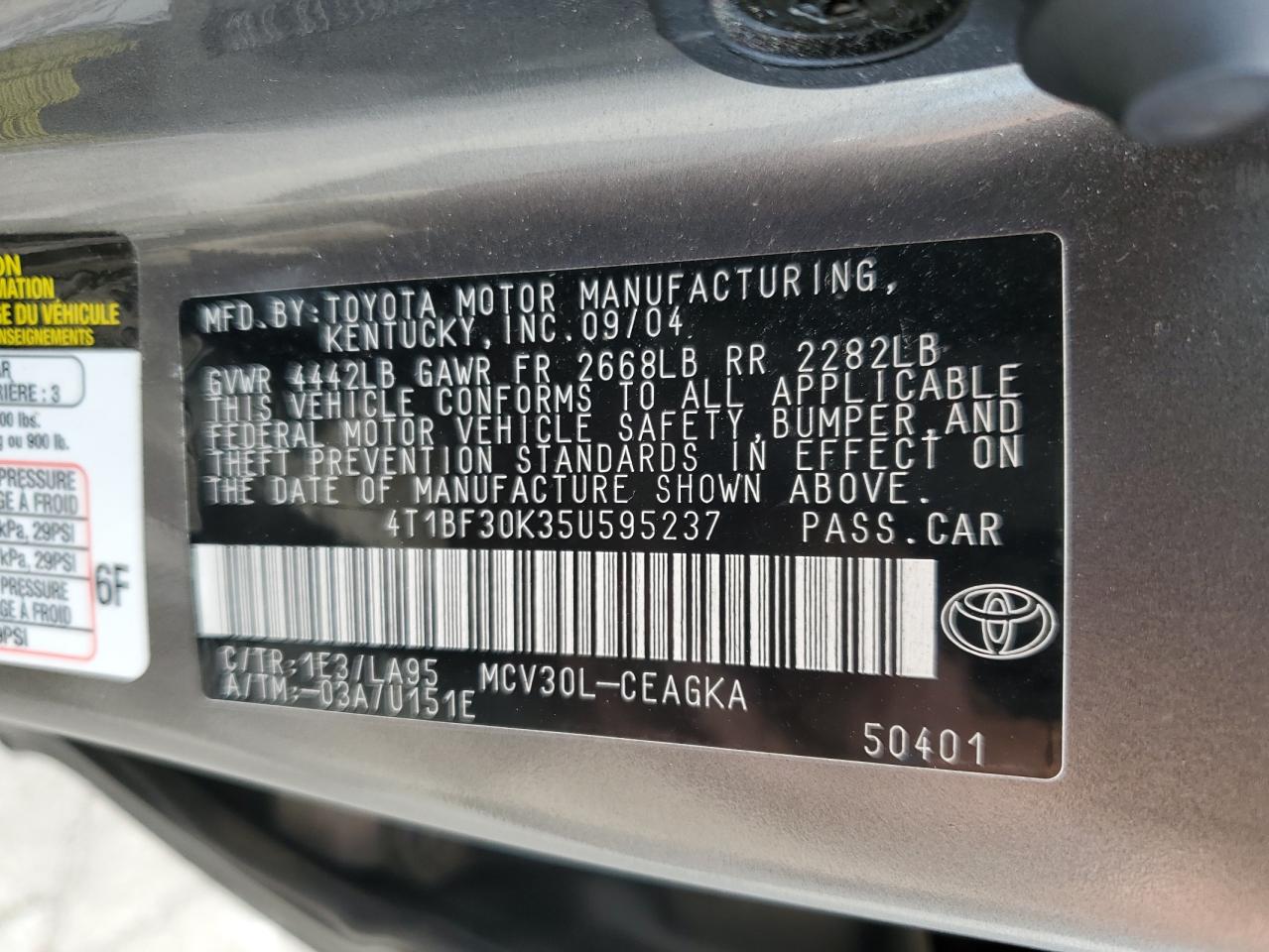 4T1BF30K35U595237 2005 Toyota Camry Le