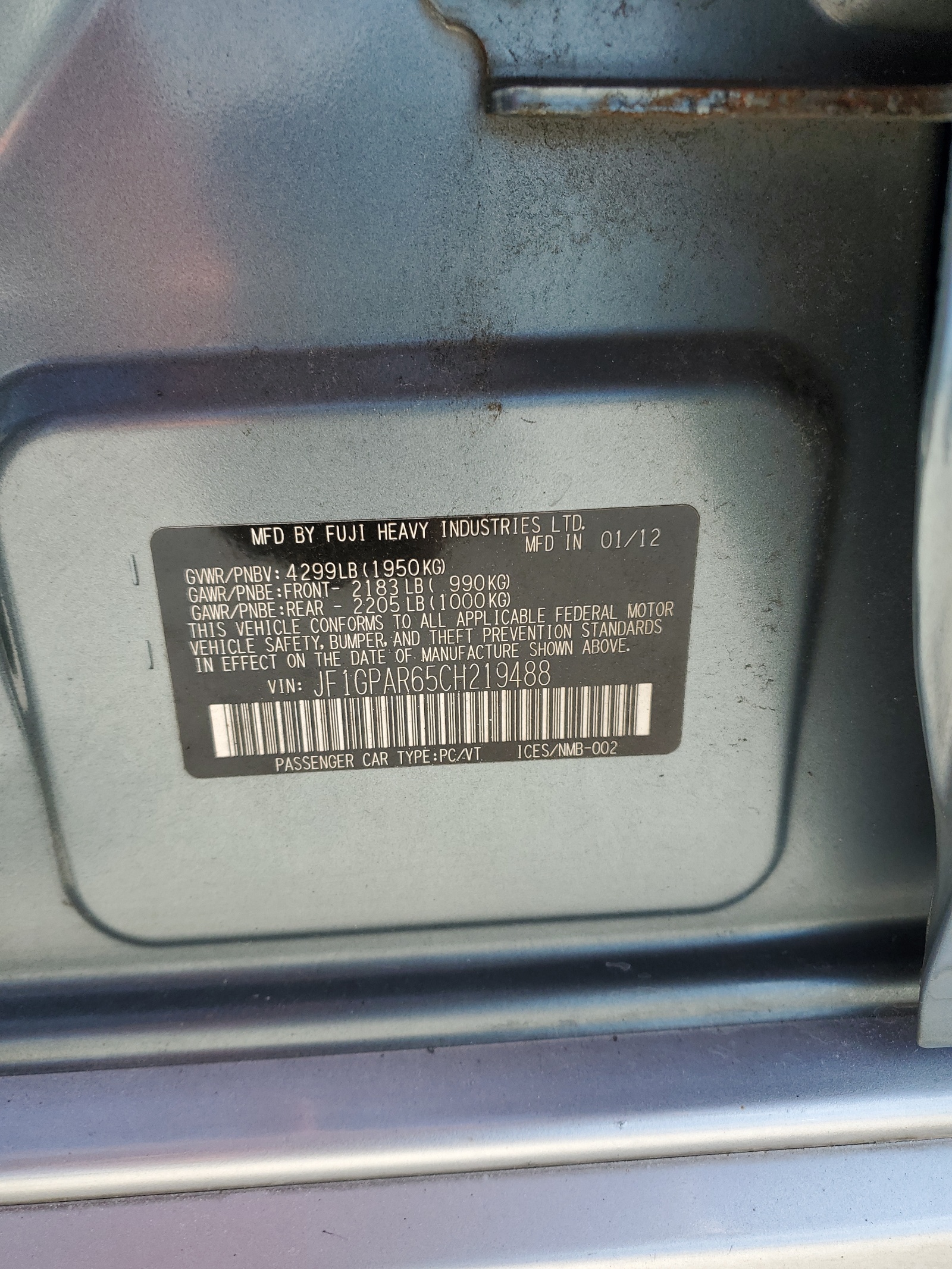 JF1GPAR65CH219488 2012 Subaru Impreza Sport Limited