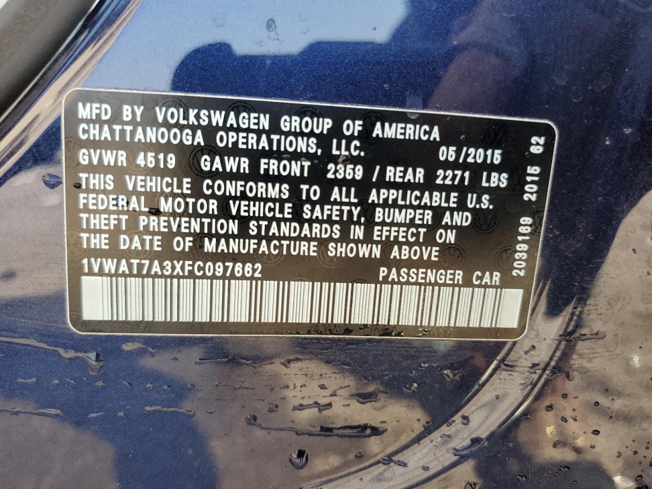 1VWAT7A3XFC097662 2015 Volkswagen Passat S