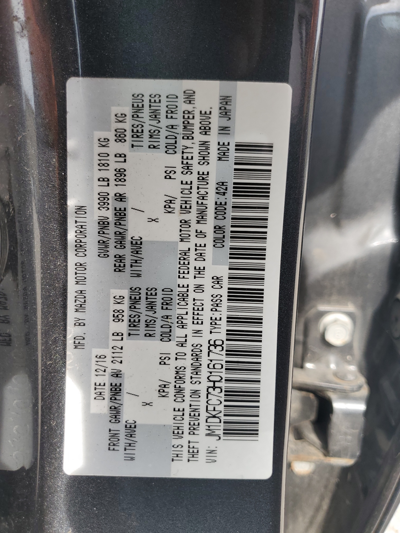 JM1DKFC73H0161736 2017 Mazda Cx-3 Touring