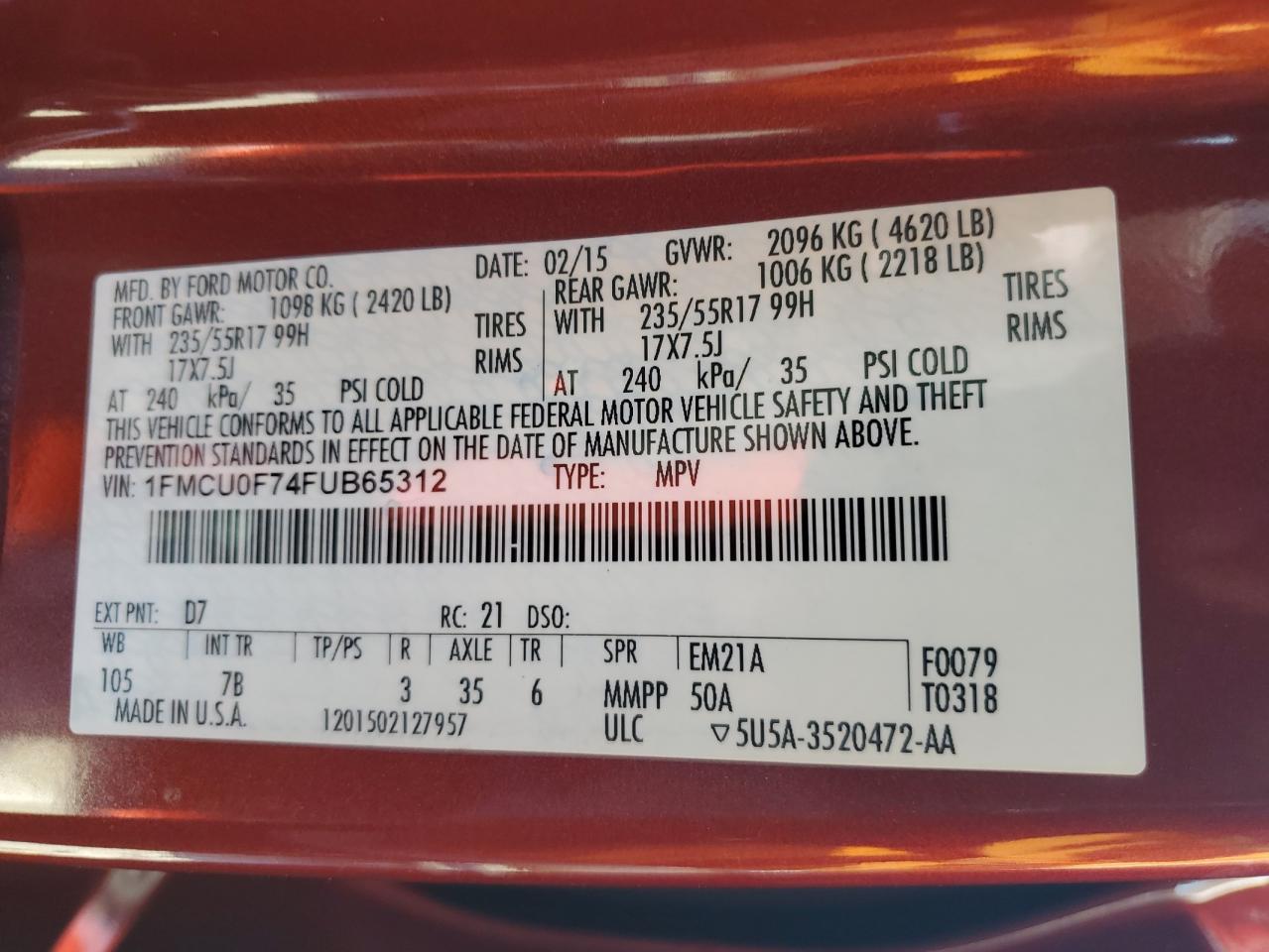 2015 Ford Escape S VIN: 1FMCU0F74FUB65312 Lot: 66673454