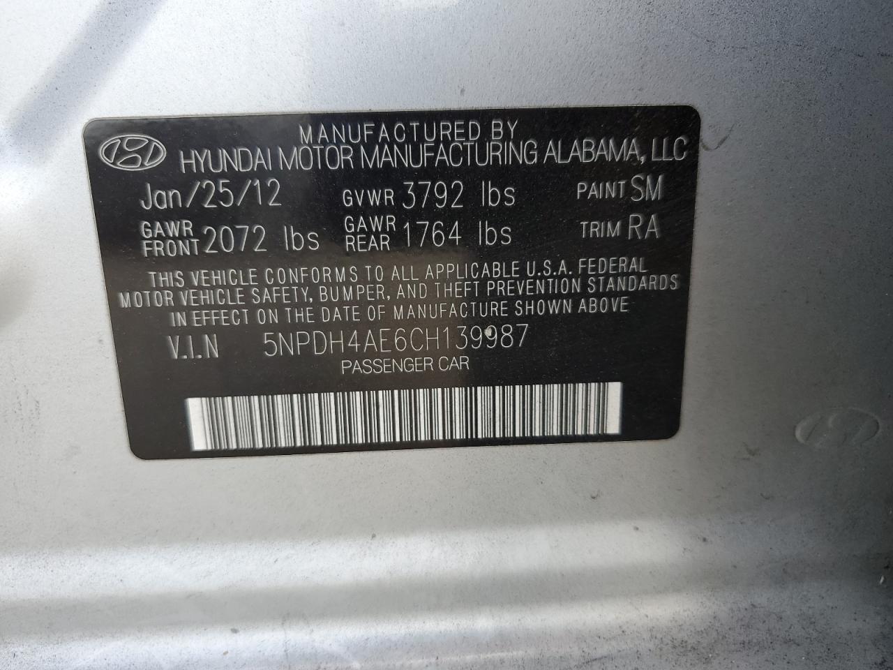 2012 Hyundai Elantra Gls VIN: 5NPDH4AE6CH139987 Lot: 65996904