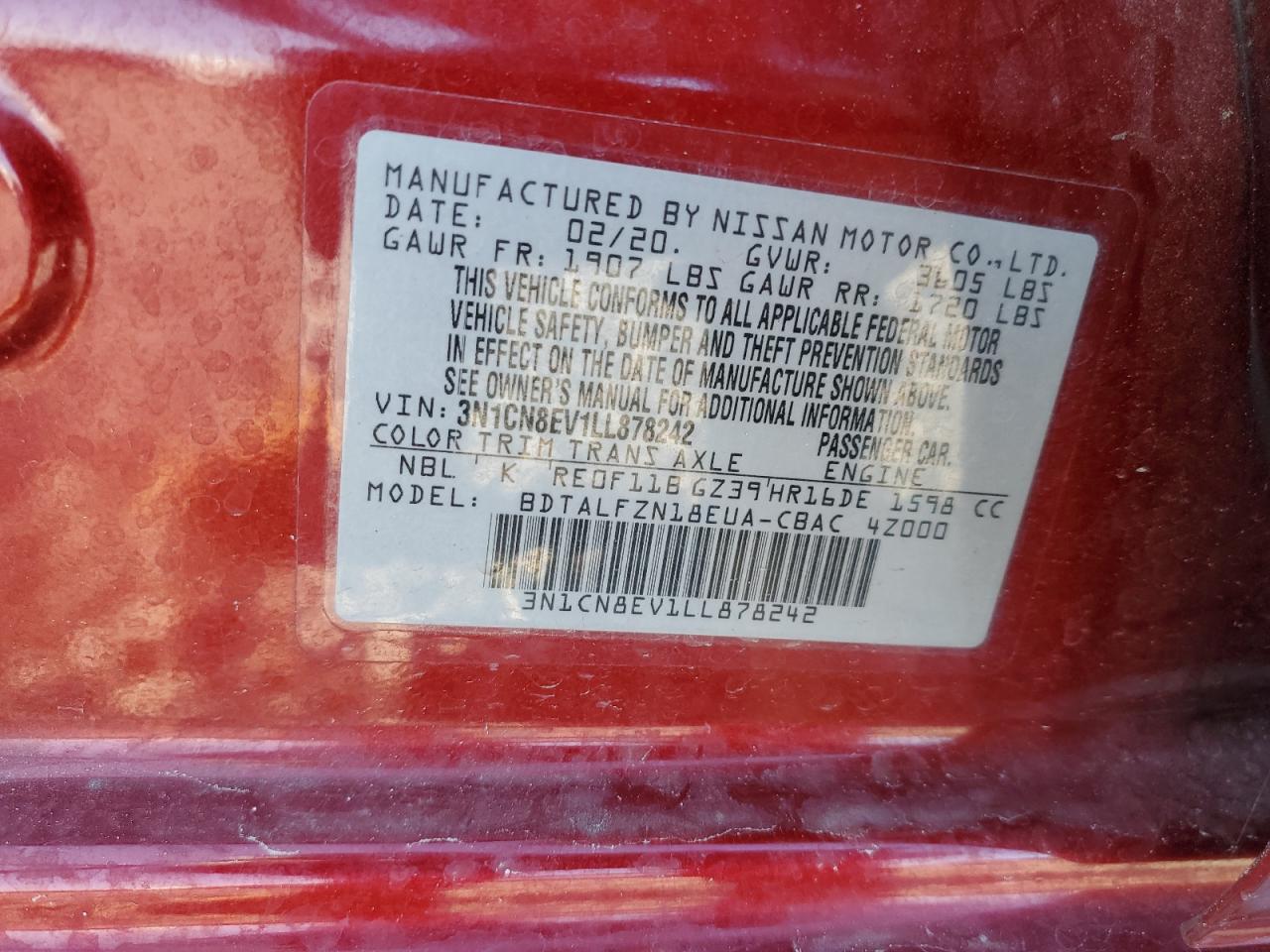 3N1CN8EV1LL878242 2020 Nissan Versa Sv