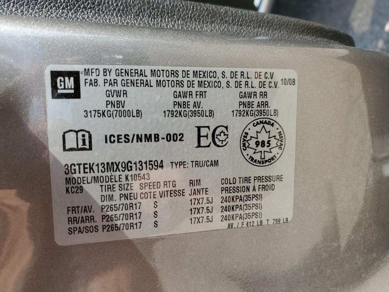 2009 GMC Sierra K1500 VIN: 3GTEK13MX9G131594 Lot: 66776394