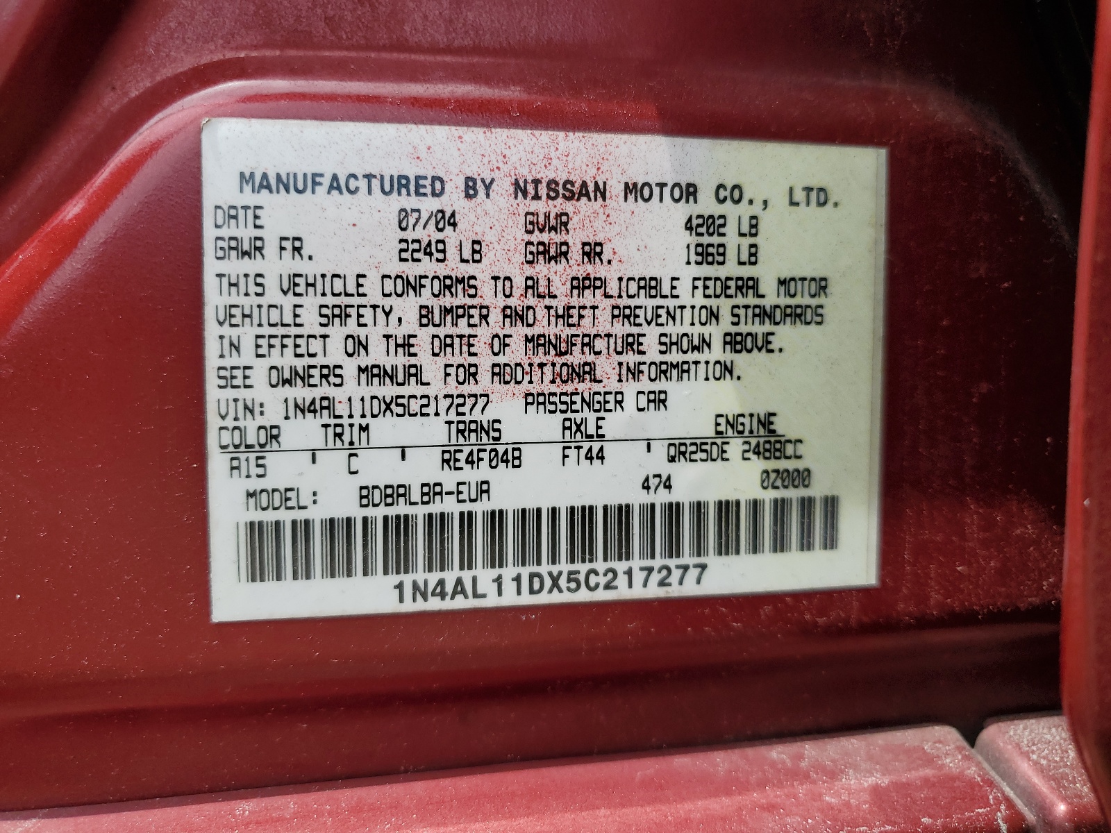 1N4AL11DX5C217277 2005 Nissan Altima S