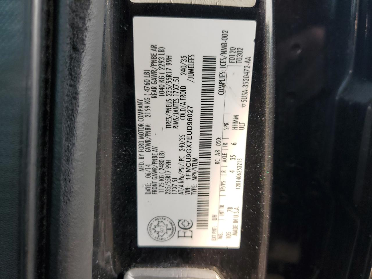 2014 Ford Escape Se VIN: 1FMCU9GX7EUD96027 Lot: 67663504