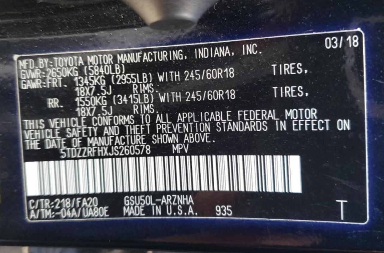 2018 Toyota Highlander Le VIN: 5TDZZRFHXJS260578 Lot: 64647964