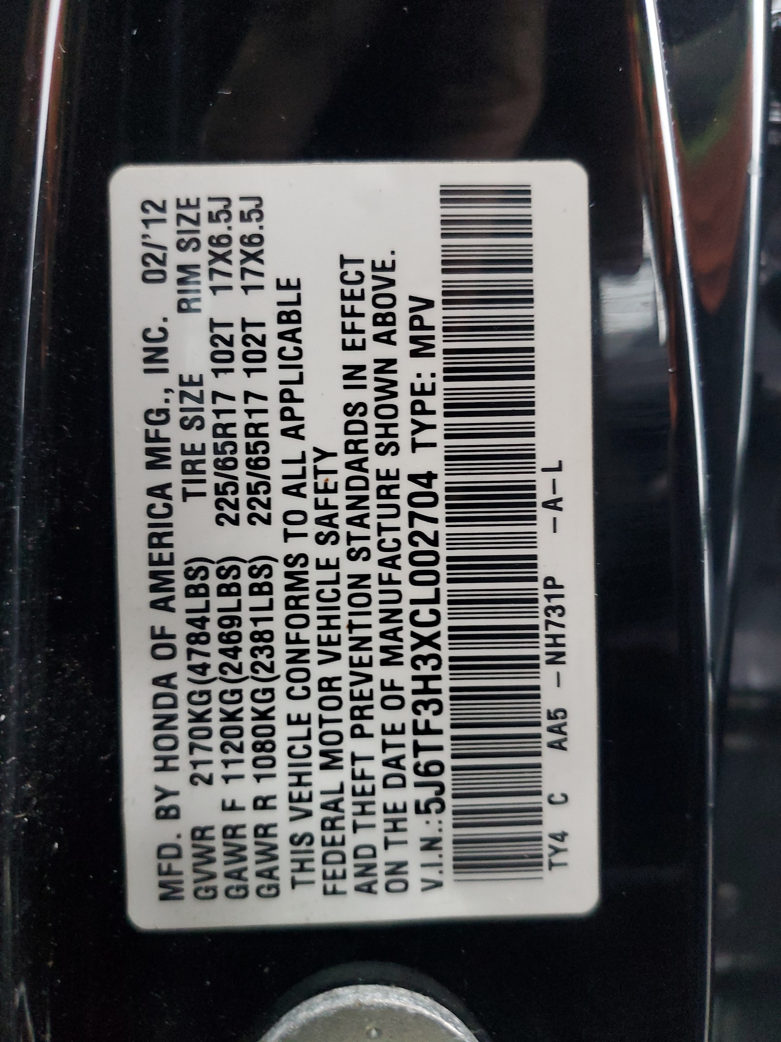 5J6TF3H3XCL002704 2012 Honda Crosstour Ex