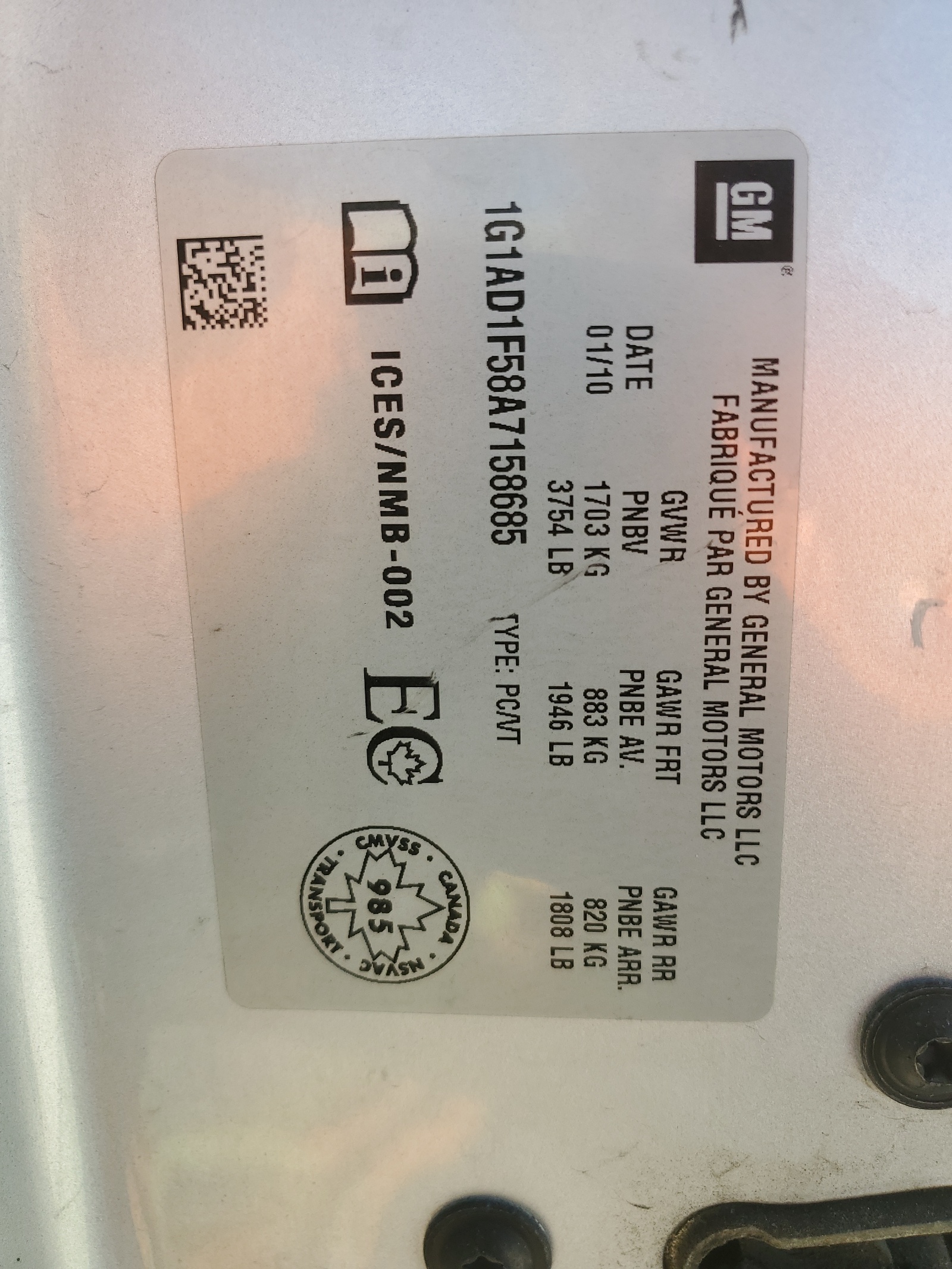 1G1AD1F58A7158685 2010 Chevrolet Cobalt 1Lt