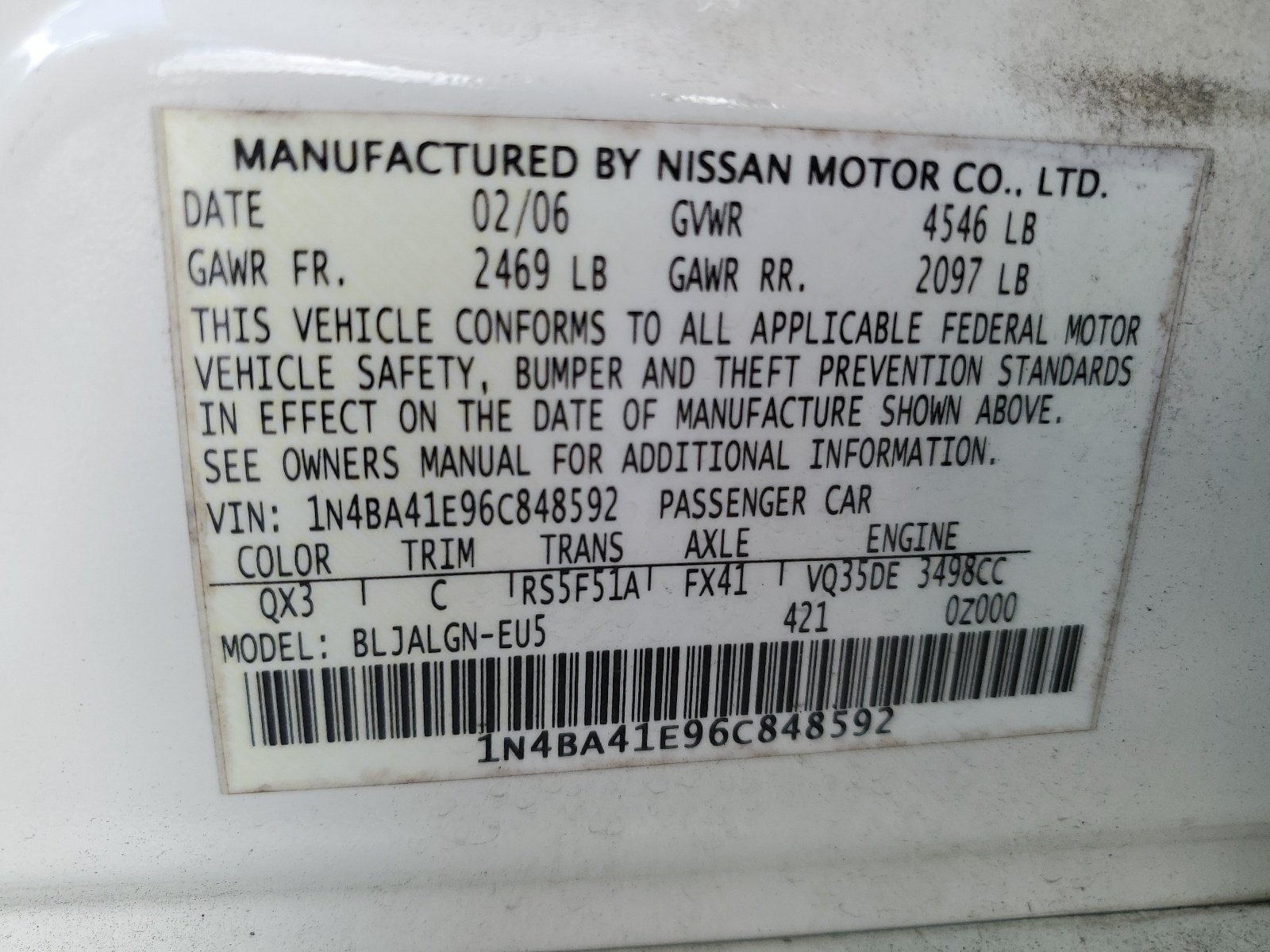 1N4BA41E96C848592 2006 Nissan Maxima Se