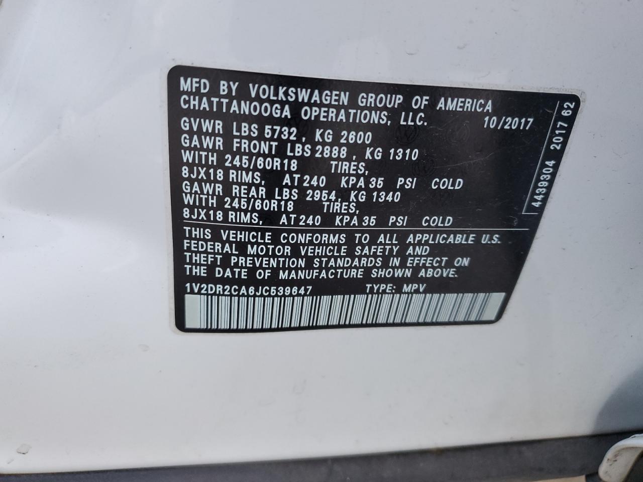 1V2DR2CA6JC539647 2018 Volkswagen Atlas Se