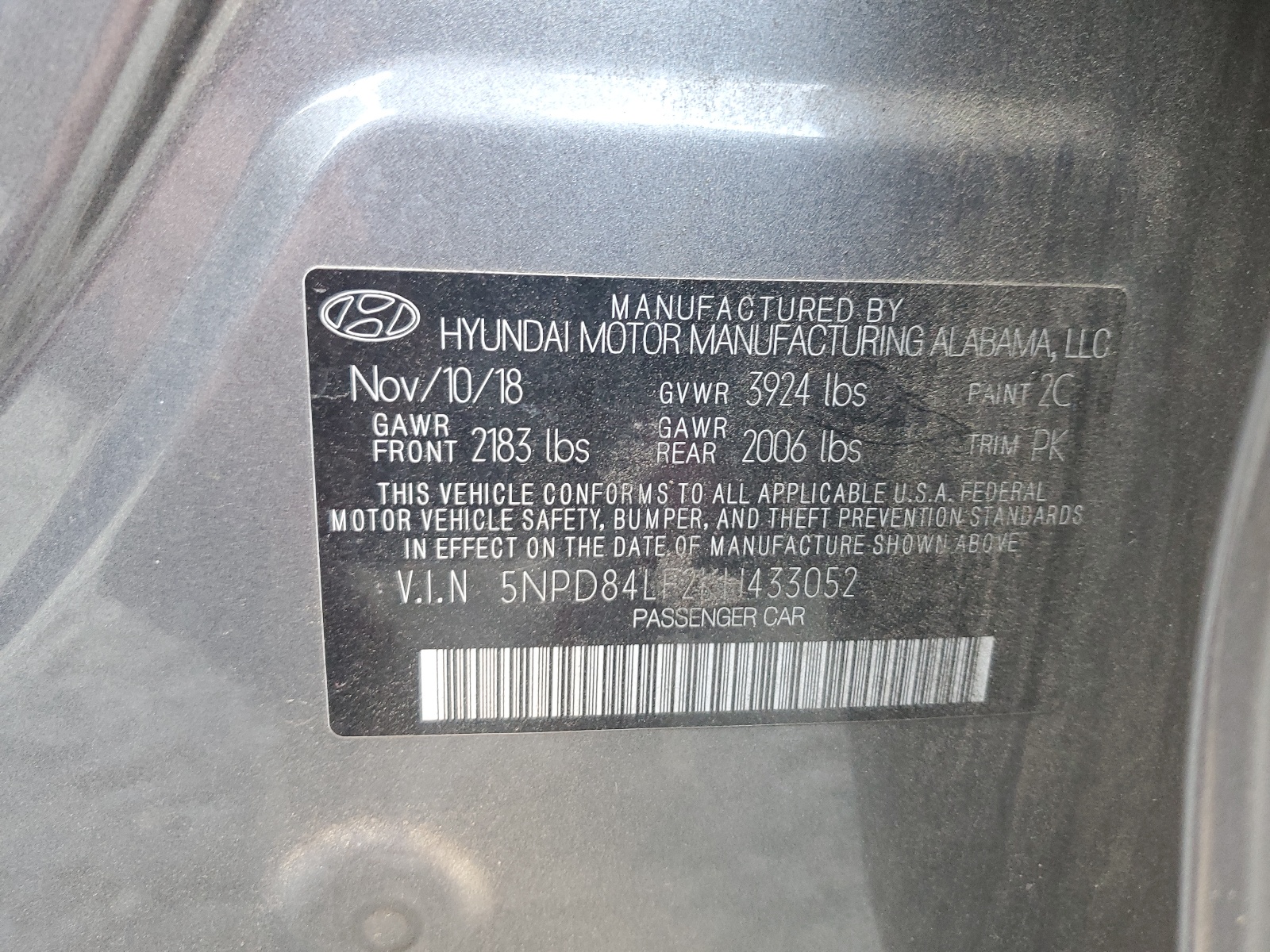 5NPD84LF2KH433052 2019 Hyundai Elantra Sel